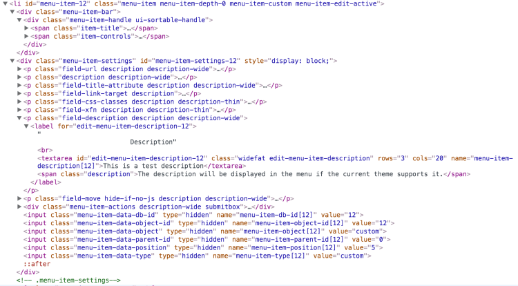 Menu Item Form Fields